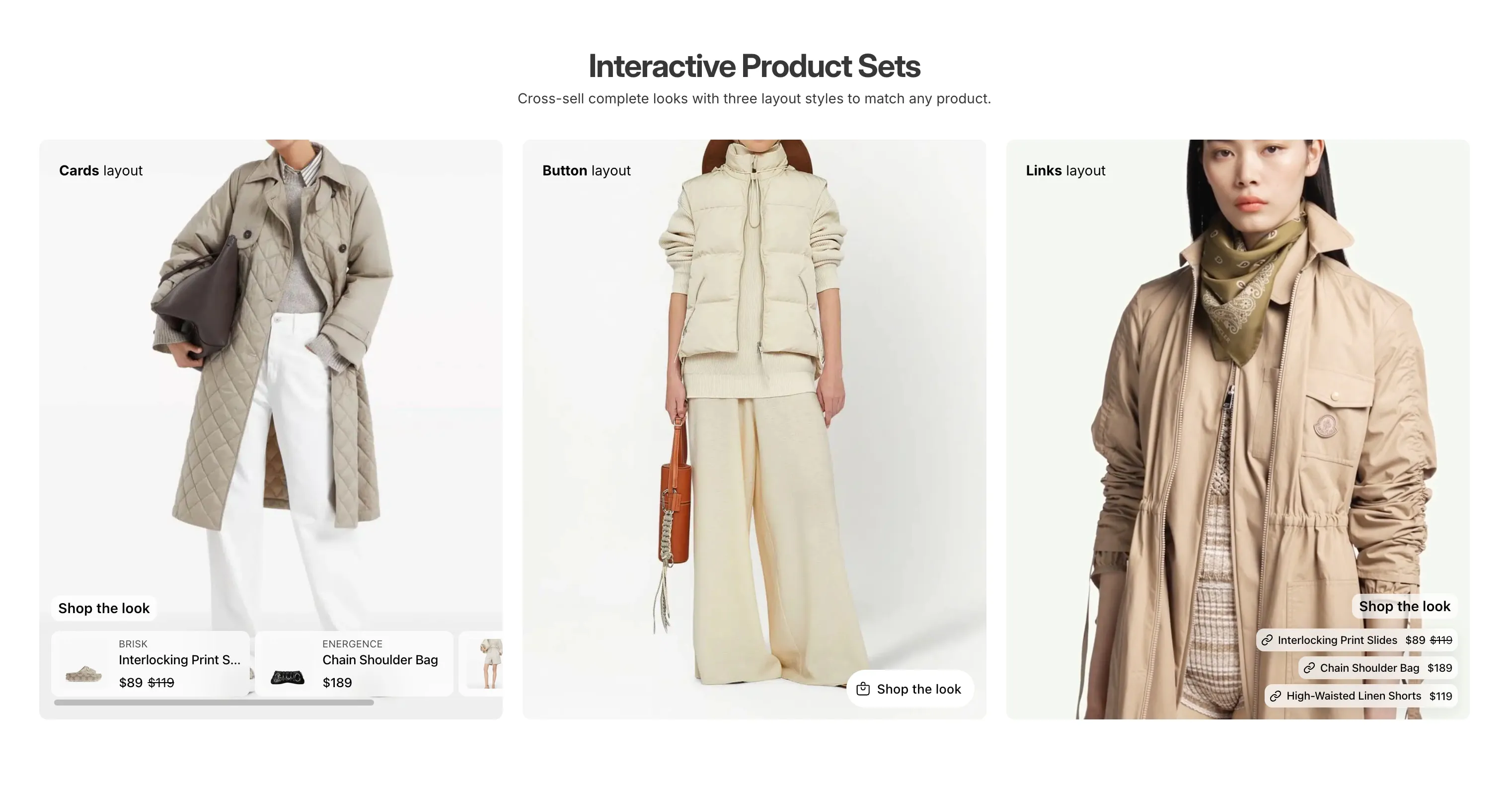 A product sets section on the demo store, with three outfits and their sets shown as cards, as a button and as links.