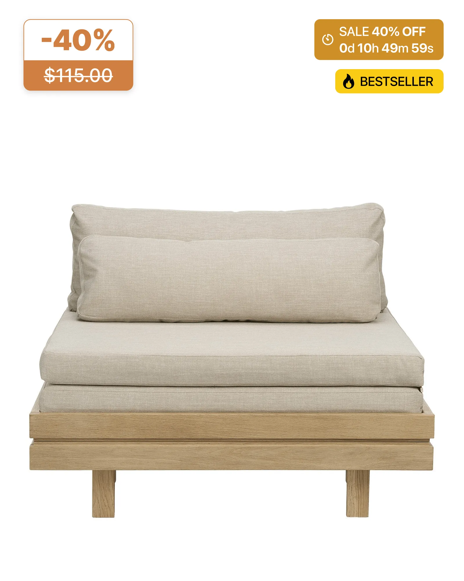 One gallery photo of a beige linen daybed on an oak base. A badge in the top corner reads minus 40% over a struck out $115.00, and on the other side a SALE 40% OFF countdown of 10 hours and 49 minutes sits above a BESTSELLER label.