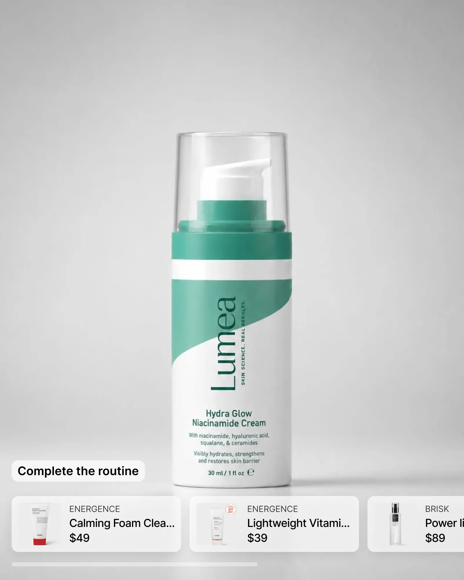 One gallery photo of a face cream bottle. A row of three matching products sits over the bottom of the photo under the label Complete the routine, each one with its price.