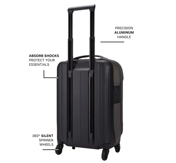 A black carry-on suitcase on white, with three notes on thin lines pointing at the handle, the shell and the spinner wheels.