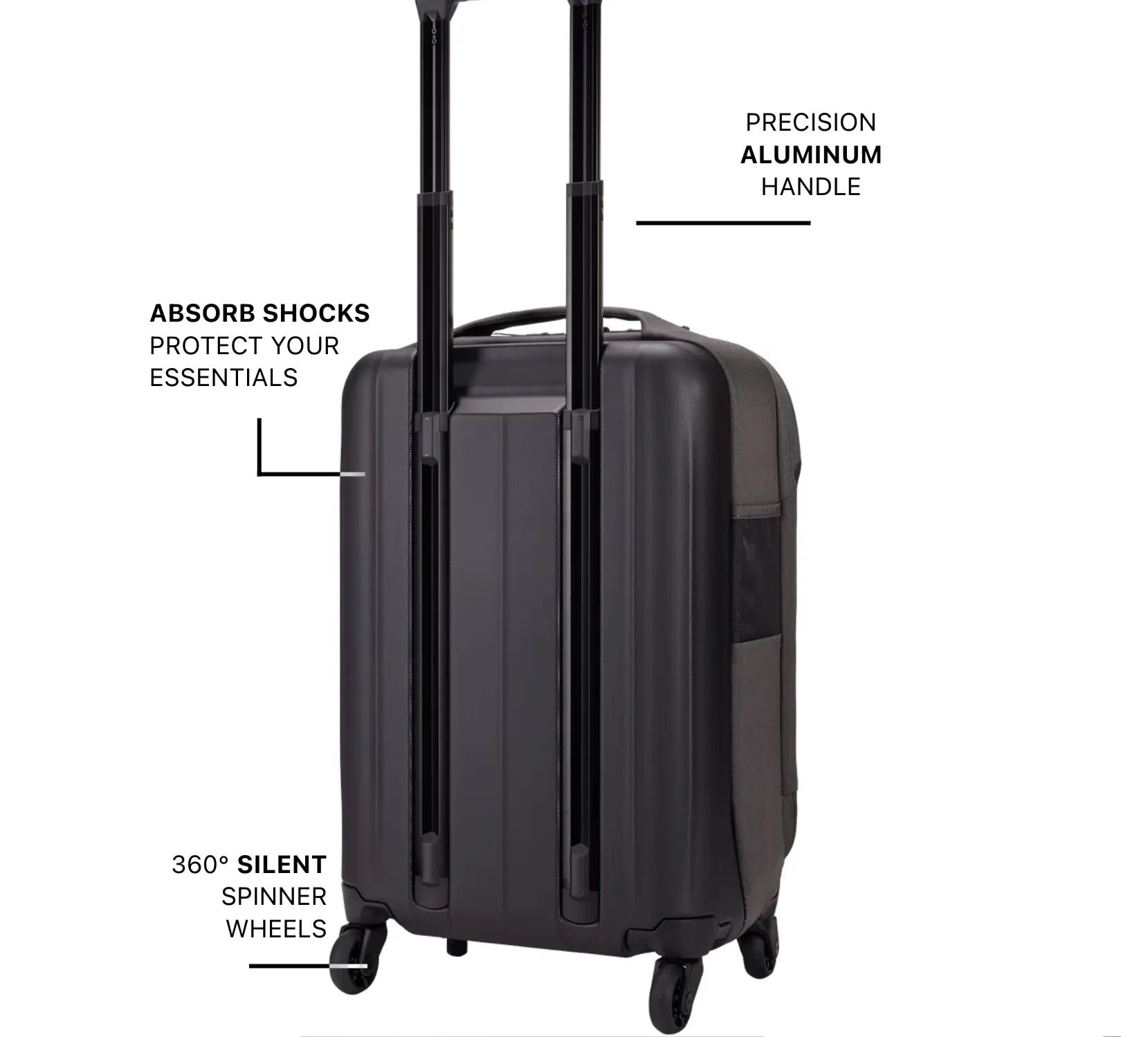 A black carry-on suitcase on white, with three notes on thin lines pointing at the handle, the shell and the spinner wheels.
